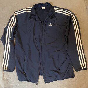 Adidas, Men zip up jacket, Dark blue white stripes, size Medium, CimaProof